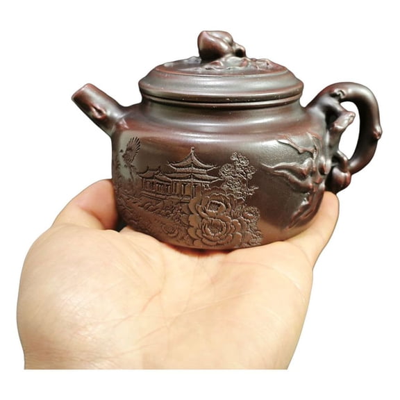 Chinese Yixing Zisha Clay Teapot Oriental Lovely Gongfu Tea Set Phoenix Peony Rounded Relief Pagoda Carved Engraved Floral