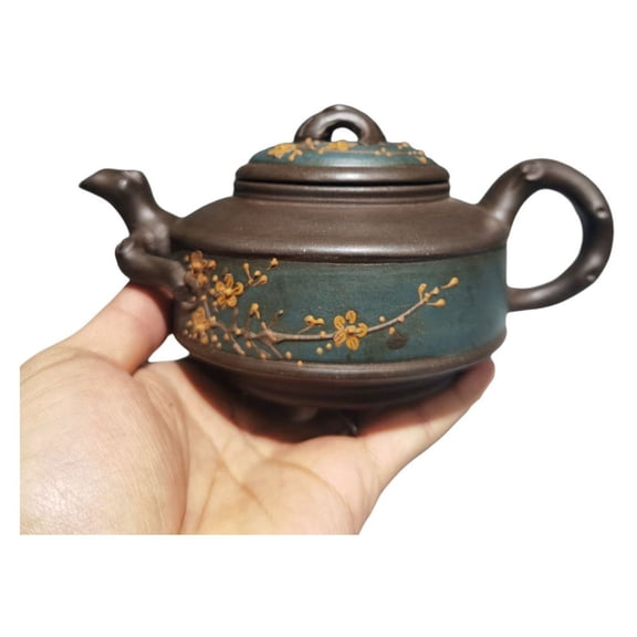 Chinese Yixing Zisha Clay Teapot Oriental Lovely Sculpted Carved Engraved Floral Relief Blossom Detail Etching Plum Design