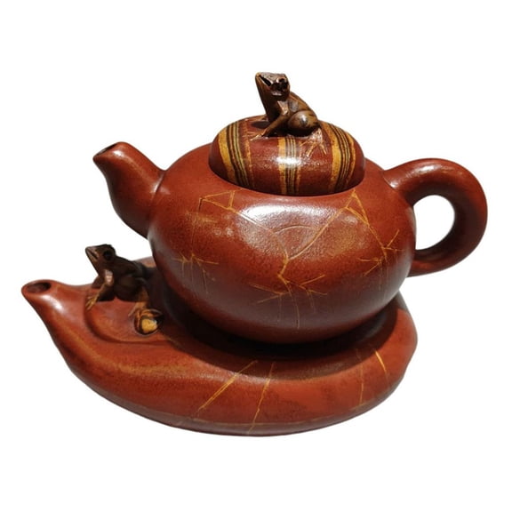 Chinese Yixing Zisha Clay Teapot Ornament Exquisite Carved Sculpted Embossed Textured Round Spherical Tray Figurine Frog Crackle
