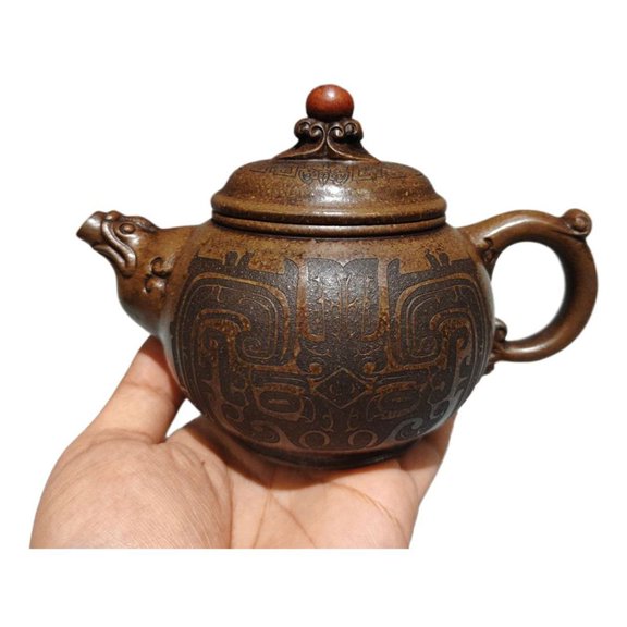 Chinese Yixing Zisha Clay Teapot Ornament Exquisite Red Bead Finial Loong Head Spout Cloud Shaped Handle Ancient Mask Mythical