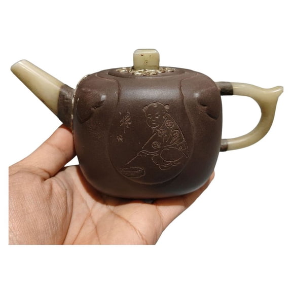 Chinese Yixing Zisha Clay Teapot Ornament Exquisite Silver Filigree Jade Inlaid Child Carved Motif Square Quadrangular Design