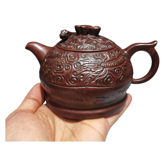 Chinese Yixing Zisha Teapot Teapots Green Tea D Dragon Cloud Relief Motif Embossing Calligraphic Inscription Oval Shaped Body