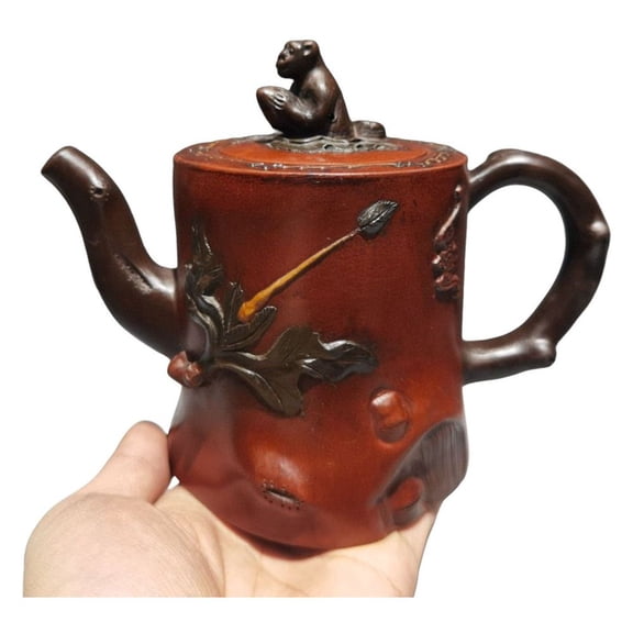 Chinese Yixing Zisha Teapot Teapots Green Tea Monkey Tree Stump Sculpted Carved Relief Bas Inscribed Modeled Claypainting