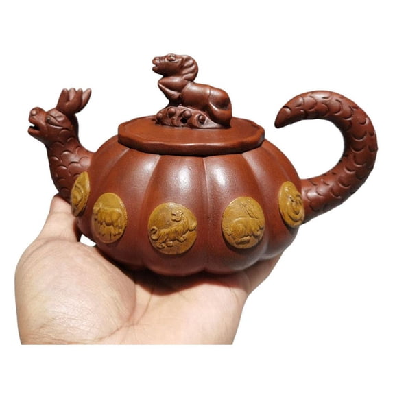 Chinese Yixing Zisha Teapot Teapots Green Tea Zodiac Dragon Sculpted Carved Relief Medallion Ribbed Etched Inlaid Detailed