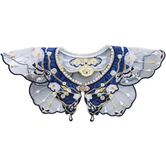 Chinese Yunjian Shawl Collar Detachable Embroidery Floral Pearl Wrap Decorative Collar for Women Blue
