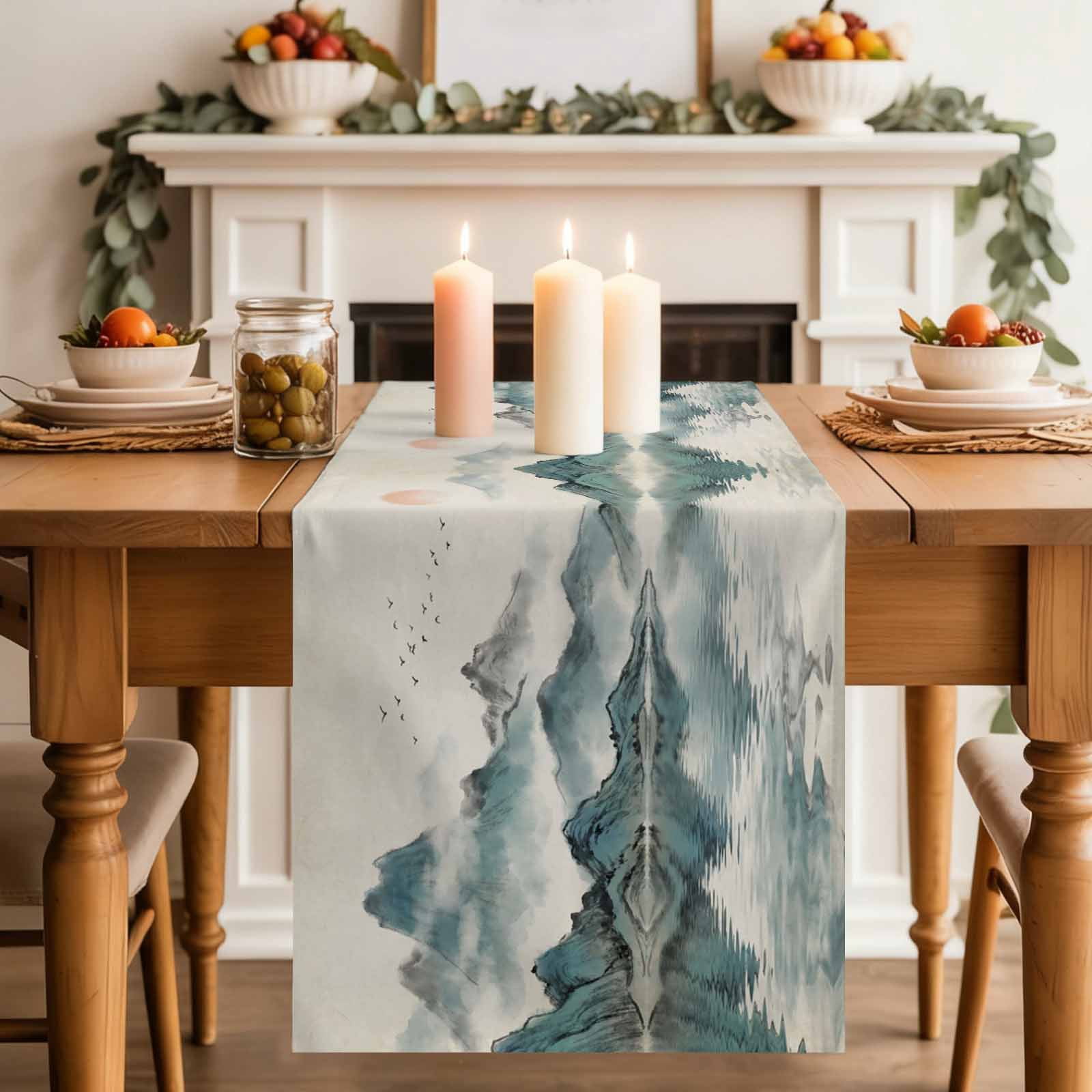 Chinese Zen Landscape Ombre Table Runner 13x90in Non-Slip Cotton Linen ...