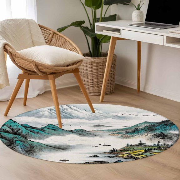 Chinese Zen Scenery 3.3ft Round Rug for Bedroom Reading Corner, Ink Painting Mountain Fields and Nature Washable Non Slip Circle Area Rug