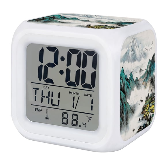 Chinese Zen Scenery Alarm Clock, Ink Painting Mountain Fields and Nature Digital Clock Night Light with 7 Color, Calendar Temperature Display, LED Desk Small Clock for Bedrooms Bedside Living Room