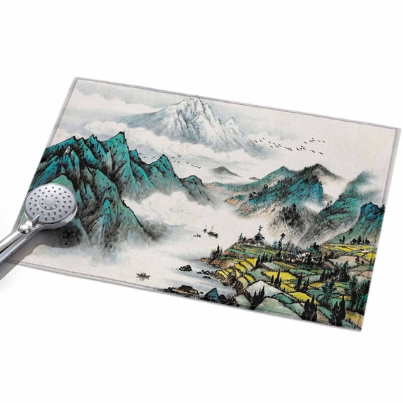 Chinese Zen Scenery Area Rug, Ink Painting Mountain Fields and Nature Non-Slip Felt Rubber Backing Rectangle Indoor Carpet Washable Rugs for Living Room Bedroom 2x3ft