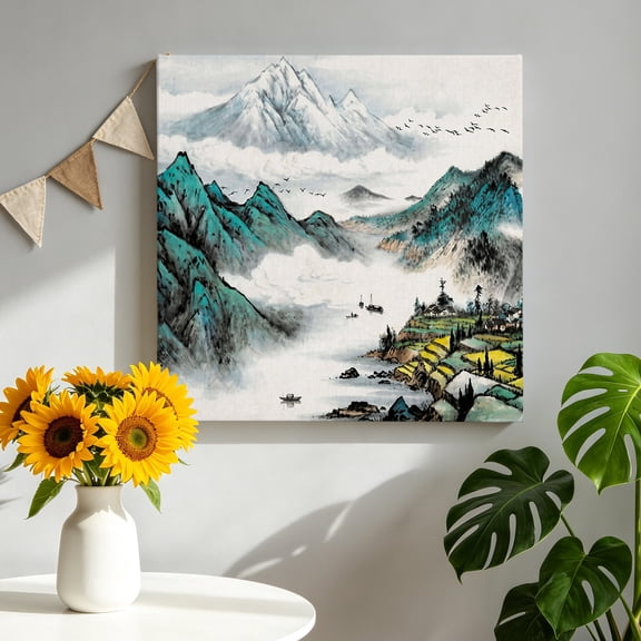 Chinese Zen Scenery Canvas Wall Art, Ink Painting Mountain Fields and Nature Framed Canvas Wall Decor Picture Print Artwork Decorations for Living Room Office Ready to Hang 8" x 8"