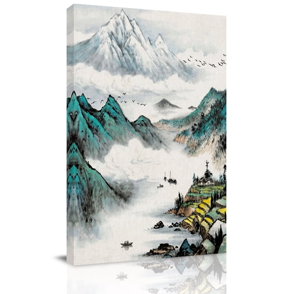 Chinese Zen Scenery Canvas Wall Art for Living Room, Ink Painting Mountain Fields and Nature Wall Decor Framed Artwork Pictures Ready to Hang for Bedroom Office Home Decor