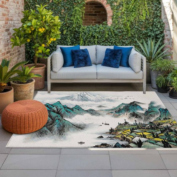 Chinese Zen Scenery Indoor Outdoor Rugs 3x5 Ft, Ink Painting Mountain Fields and Nature Outdoor Patio Rugs Mat Washable Outside Area Rugs Carpet for Porch Deck RV Camping Pool Balcony Backyard