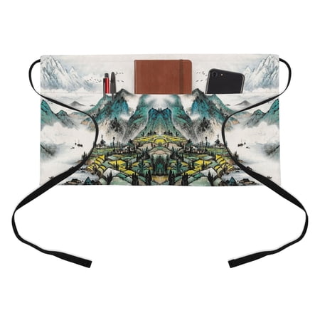Chinese Zen Scenery Kitchen Restaurant Half Waist Apron, Ink Painting Mountain Fields and Nature Server Short Apron with 3 Pockets Waterproof Oil Waist Aprons for Women Waitress Waiter