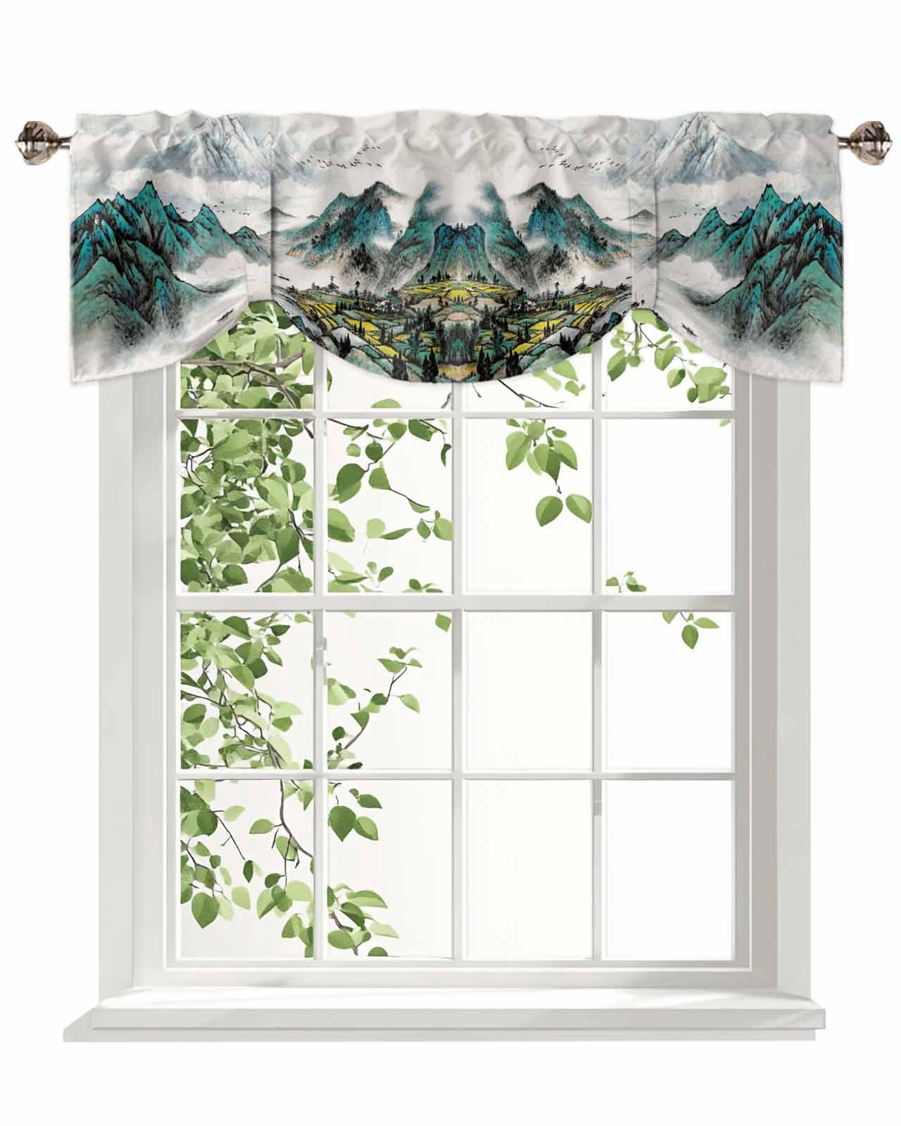Chinese Zen Scenery Tie Up Valances Curtain, Ink Painting Mountain ...