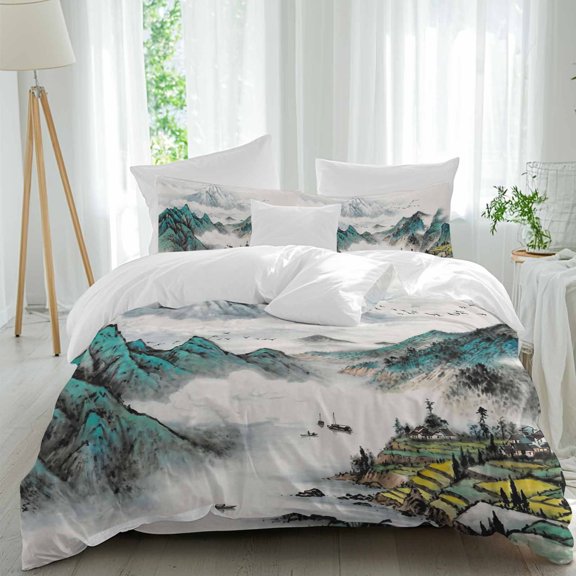 Chinese Zen Scenery Twin Duvet Cover Set, Ink Painting Mountain Fields and Nature 4 Piece Microfiber Bedding Set with Zipper Closure, Bed Sheet and 2 Pillow Shams, Soft Bedding Cover