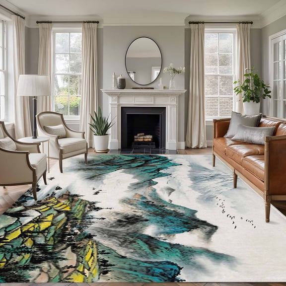 Chinese Zen Scenery Washable Living Room Rugs 5'x7', Ink Painting Mountain Fields and Nature Low Pile Throw Large Area Rugs Non-Slip Sturdy Edge Binding Carpet for Dining Room Bedside Kitchen