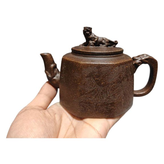 Chinese Zisha Teapot Health Pot Trays Tiger Octagonal Carved Engraved Etched Mountain Forest Vessel Motif Sculpture Calligraphy