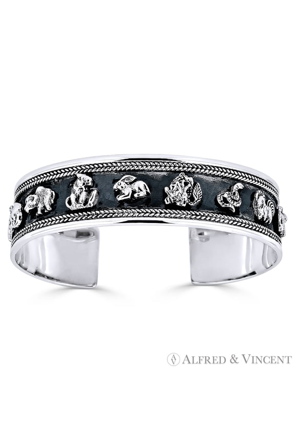 Chinese Zodiac Animal Open Heavy-Cuff Charm Bangle Bracelet in Solid .925 Sterling Silver