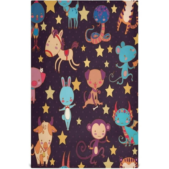 Chinese Zodiac Animals Stars Dish Towels Set of 6, Funny Cartoon Washable Tea Towels Dishcloths Lint-Free 18x28 Inch Fast Drying for Kitchen Restaurant Bar Clean