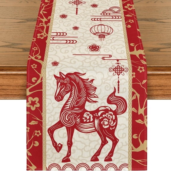 Chinese Zodiac Horse 2026 Happy Lunar New Year Table Runner, Spring Festival Winter Kitchen Dining Table Decoration for Home Party 13x48 Inch