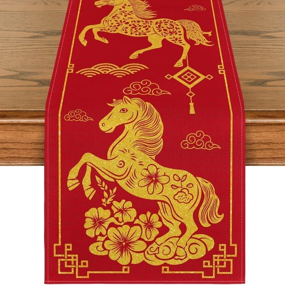 Chinese Zodiac Horse 2026 Happy Lunar New Year Table Runner, Spring Festival Winter Kitchen Dining Table Decoration for Home Party 13x72 Inch