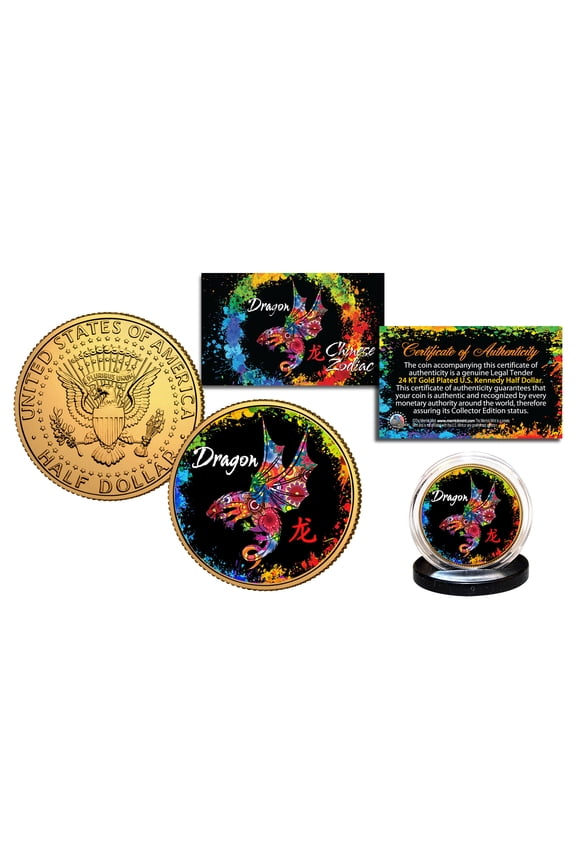 Chinese Zodiac PolyChrome Genuine JFK Half Dollar 24K Gold Plated Coin - DRAGON