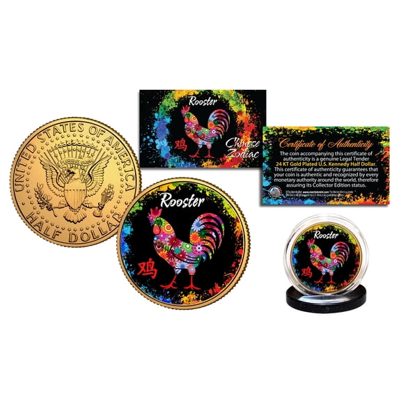 Chinese Zodiac PolyChrome Genuine JFK Half Dollar 24K Gold Plated Coin - ROOSTER