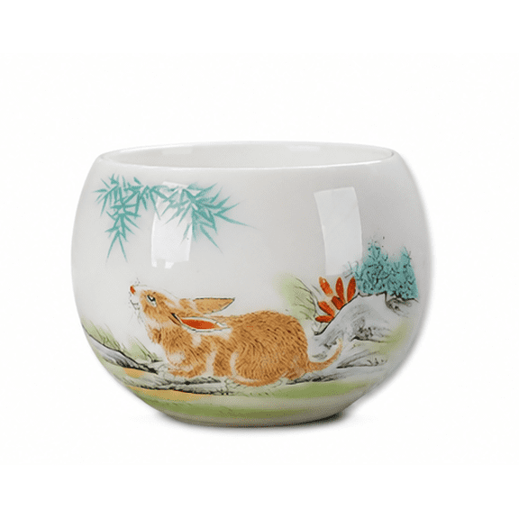 Chinese Zodiac Rabbit Ceramic Kungfu Teacup, White Fat Jade Porcelain, 1‑Pack, 150ML 2.75 x 2.75 x 2.16 Inch Tea Cup