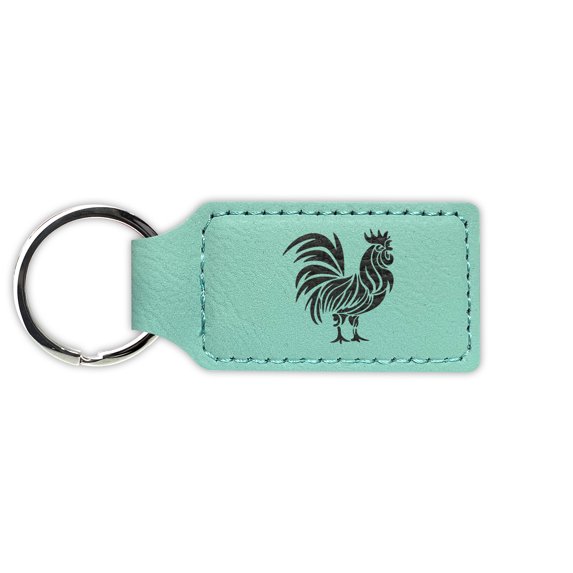 Chinese Zodiac Rooster Keychain Leatherette Rectangle - Laser Engraved - Many Colors - Key Chain Ring - year of the - Teal