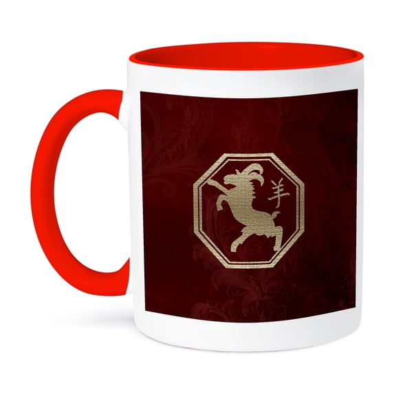 3dRose, Chinese Zodiac Sign, Year of the Goat, Gold on Red, 11oz Two-Tone Red Mug