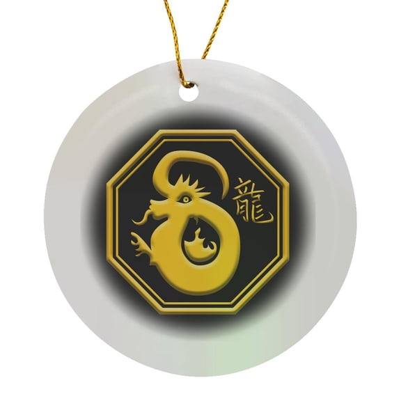3drose, Chinese Zodiac Sign. Yellow on Black Decor. the Year of the Dragon, Circle Porcelain Ornament