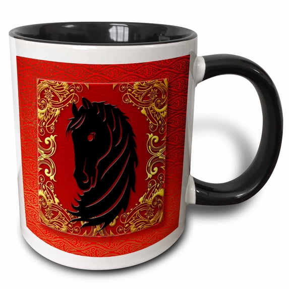 3drose, Chinese Zodiac Year of the Horse Chinese New Year Red, Gold and Black, 15oz Two-tone Black Mug