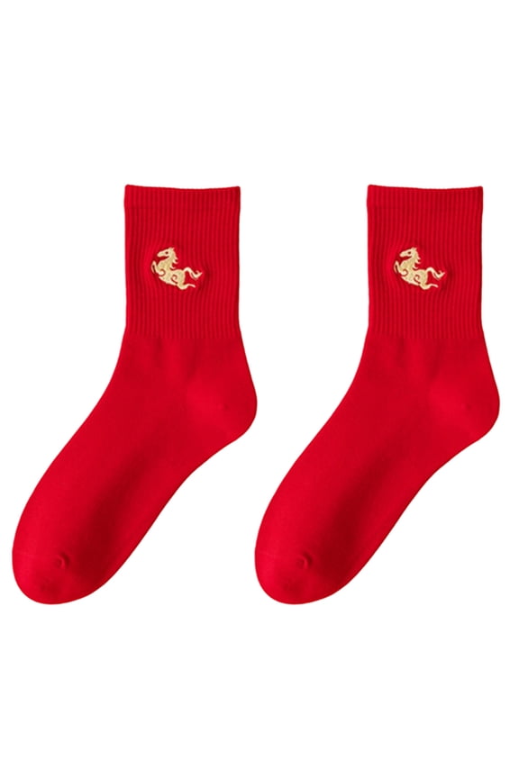 Chinese Zodiacal Horse Embroidery Cotton Socks Women, Reinforced Heel Toe Red Ankle Socks Daily Wear