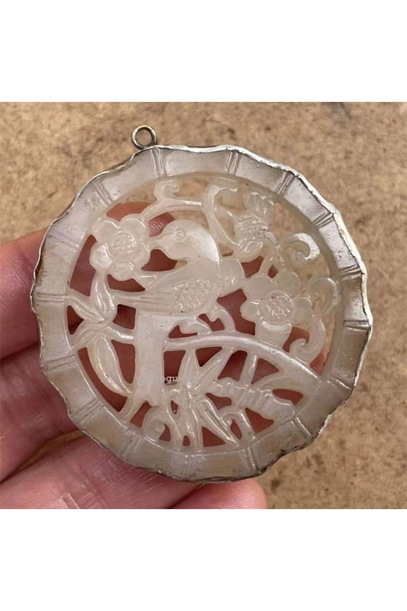 Chinese antique high-end jade carving copper edge necklace pendant -