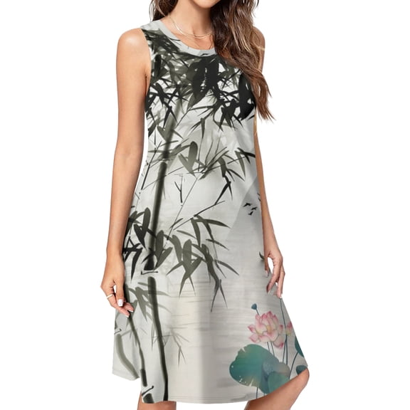 Chinese ink painting bamboo Spring Summer Dresses for Women Fashion T-shirt Dress Casual Sleeveless Loose Sundress with Pockets
