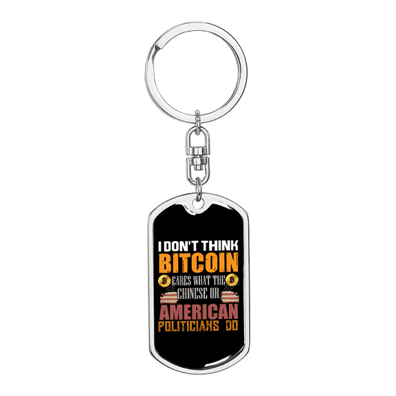 Chinese or American Bitcoin Crypto Stainless Steel or 18k Gold Premium Swivel Dog Tag Keychain