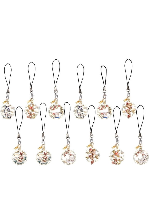 Chinese style Alloy Enamel Dragon/Phoenix/Fox/Rabbit/Fish Charms Decoration Mobile Phone Strap with Nylon Cord Light golden 9.5~11.5cm 6 style 2pcs/style 12pcs/set