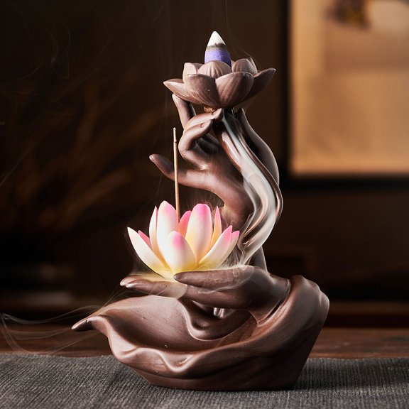 Chinese style Buddha's Hand Lotus LED Reflux Incense Burner Stand, Home Decoration Pure Handmade Lotus Fragrance Diffuser