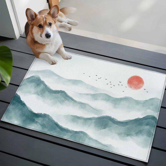 Chinese-style Ink Painting Front Door Rugs 2x3 ft Traditional Mountains Sun Landscape Small Rug for Entryway Non Slip Washable Bathroom Door Mat Absorbent Floor Mat for Indoor Entrance