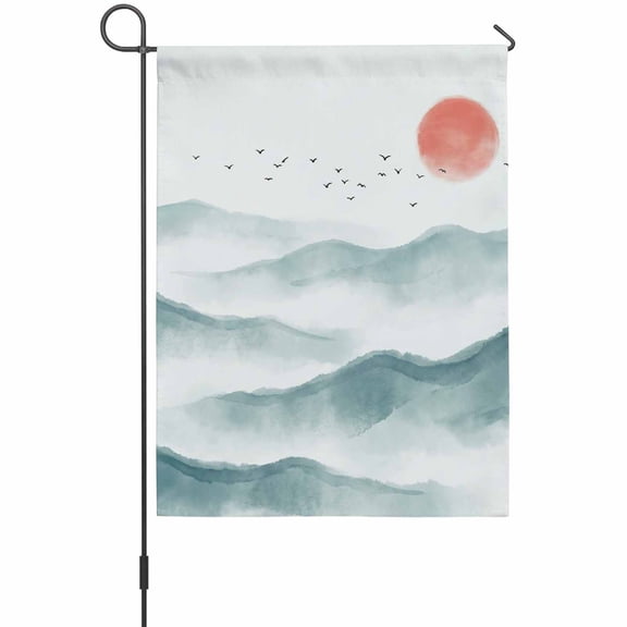 Chinese-style Ink Painting Garden Flag 12 x 18 Inches, Traditional Mountains Sun Landscape Weather Proof Outdoor Patio Flags Double Sided Small Garden Decoration for Yard Outside Home