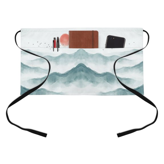 Chinese-style Ink Painting Kitchen Restaurant Half Waist Apron, Traditional Mountains Sun Landscape Server Short Apron with 3 Pockets Waterproof Oil Waist Aprons for Women Waitress Waiter