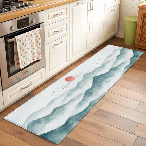 Chinese-style Ink Painting Runner Rugs 2x6 ft Traditional Mountains Sun Landscape Washable Hallway Rugs Non-Slip Floor Mats Absorbent Carpet Bedside Runners for Bedroom Kitchen Bathroom Laundry Room