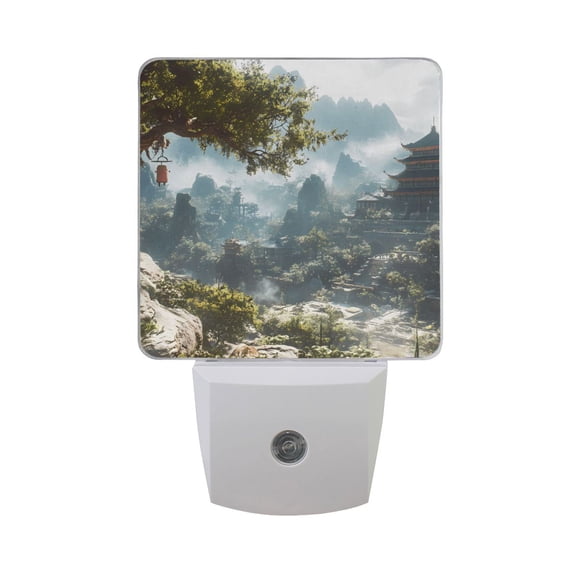 Chinese-style Temple in Mountains Night Light 2 Pack LED Nightlight Plug into Wall Dusk to Dawn Sensor Soft White