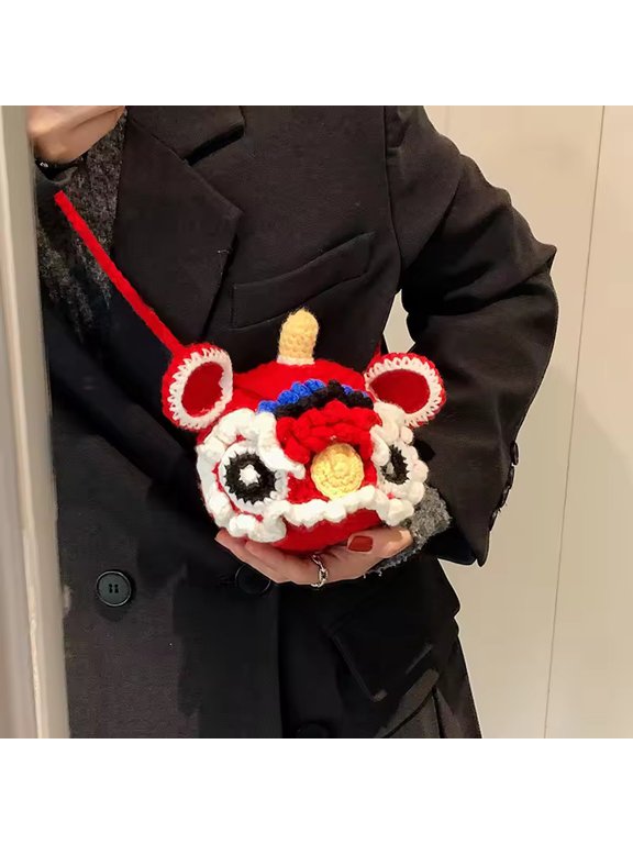 Chinese style lion head bag, new hand-knitted woolen crochet bag, finished product, cute and festive, mini lipstick cross-body bag for