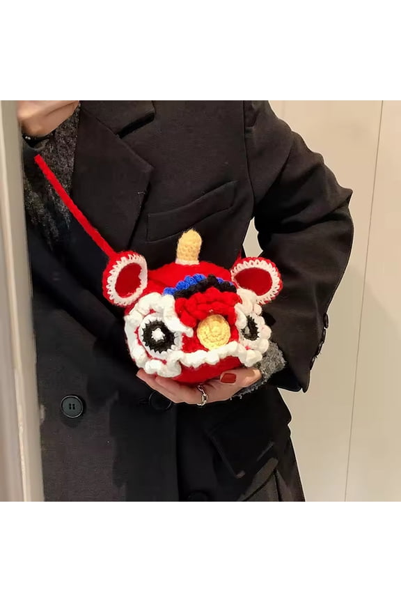 Chinese style lion head bag, new hand-knitted woolen crochet bag, finished product, cute and festive, mini lipstick cross-body bag for