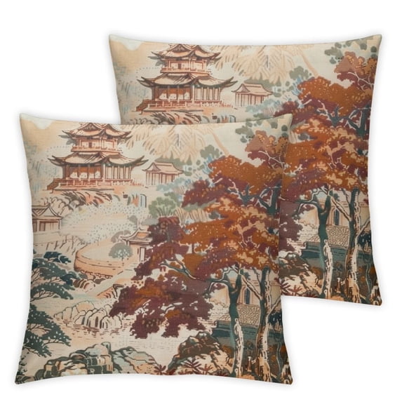 Chinese style pillow cover, pagoda pillow cover, unique Asian scenery, white and brown pillowcase, farmhouse sofa, bedroom, home decoration, cushion cover 1 set of 2, various sizes