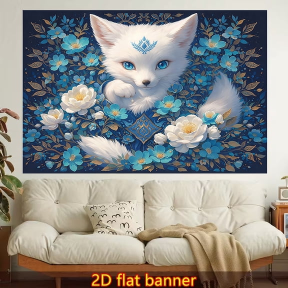 This Chinese-style white fox themed tapestry, made of polyester fiber, is easy to hang and suitable for wall decoration in living rooms, bedrooms, offices, and family parties.