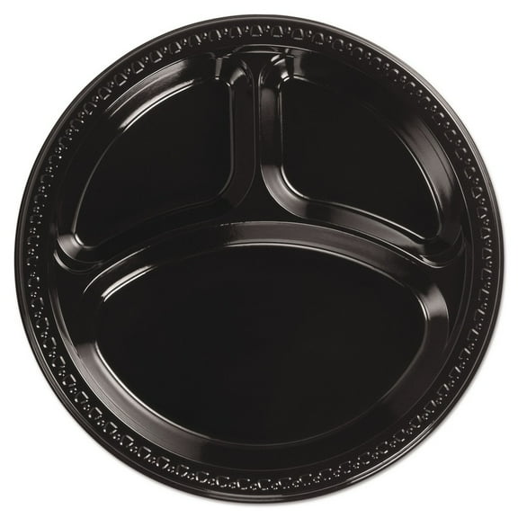 Chinet 81430 10.25 in. Diameter Heavyweight Plastic 3-Compartment Plates - Black (500/Carton)