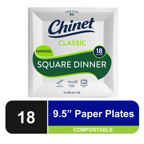 Chinet Classic Square Dinner Plate, White 9 1/2" - 18ct