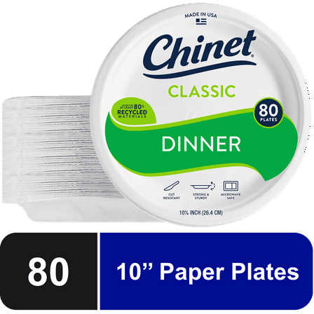 Chinet Classic Premium Disposable Paper Dinner Plates, White, 10 3/8", 80 Count